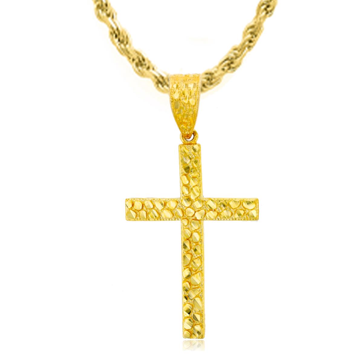 14K Yellow Gold DC Textured Religious Cross 24" 021 Rope Chain Necklace