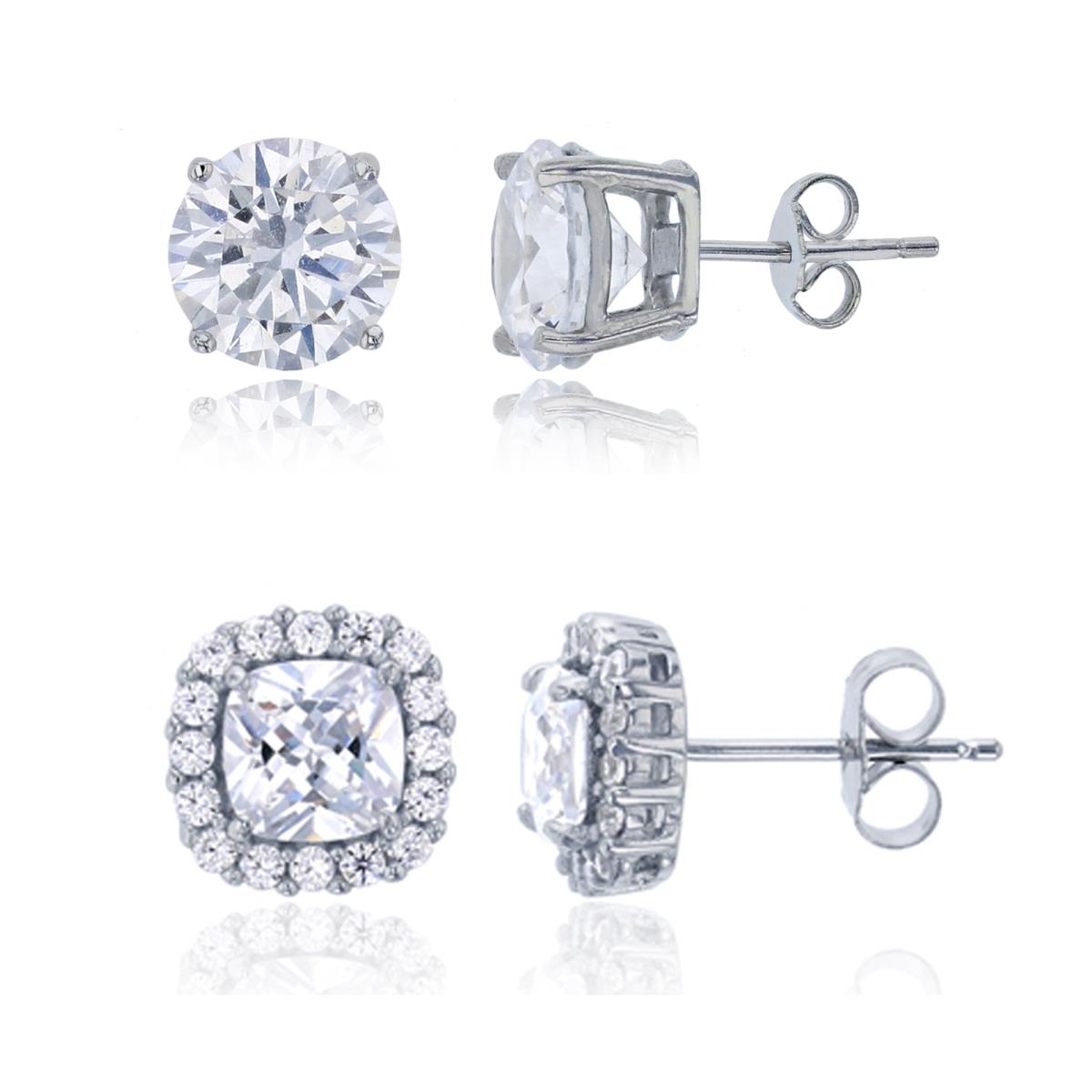 Sterling Silver Rhodium Halo Pave Square & 8mm Round Solitaire Stud Earring Set