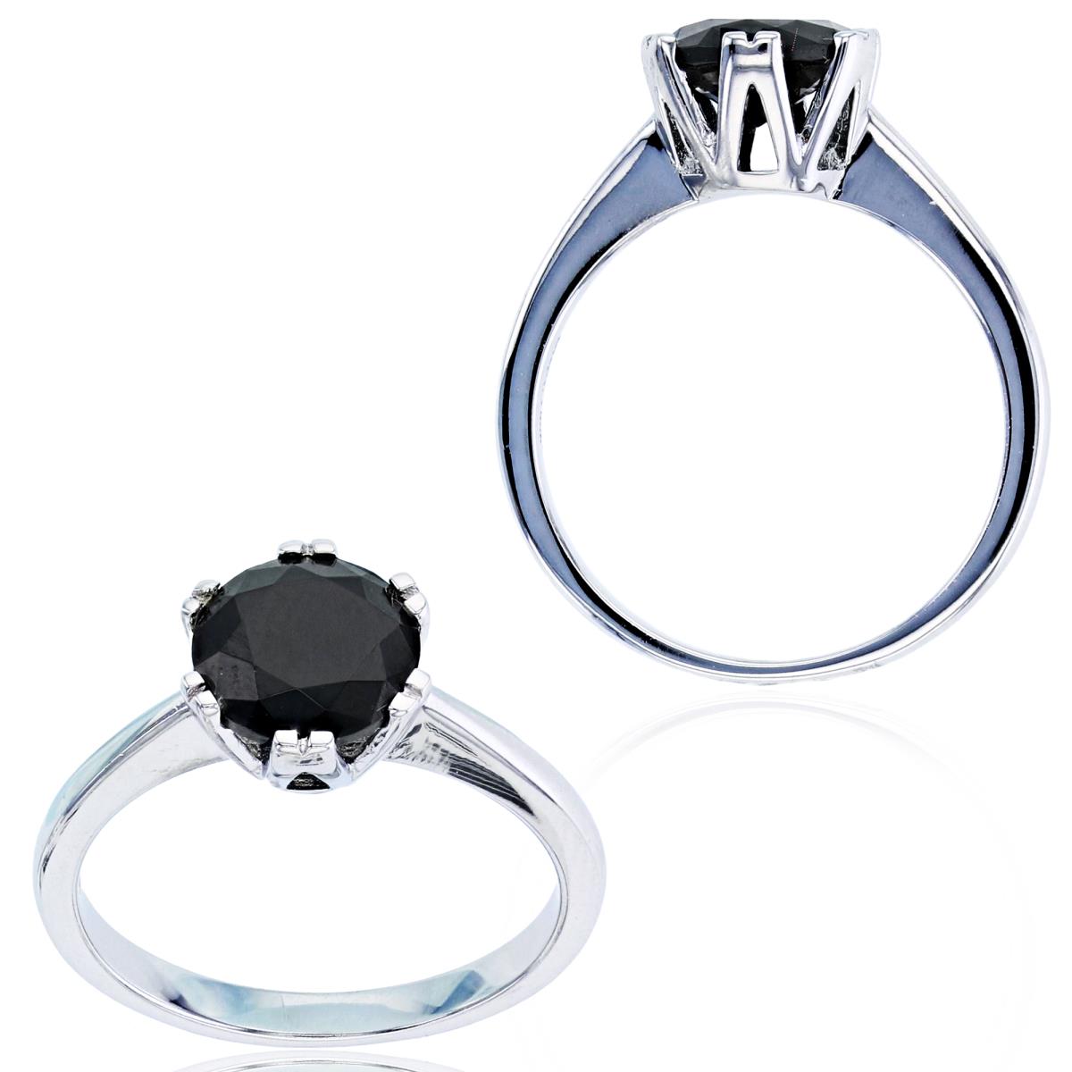 Sterling Silver Rhodium 8mm Rd Black Spinel Double Prong Solitaire Ring