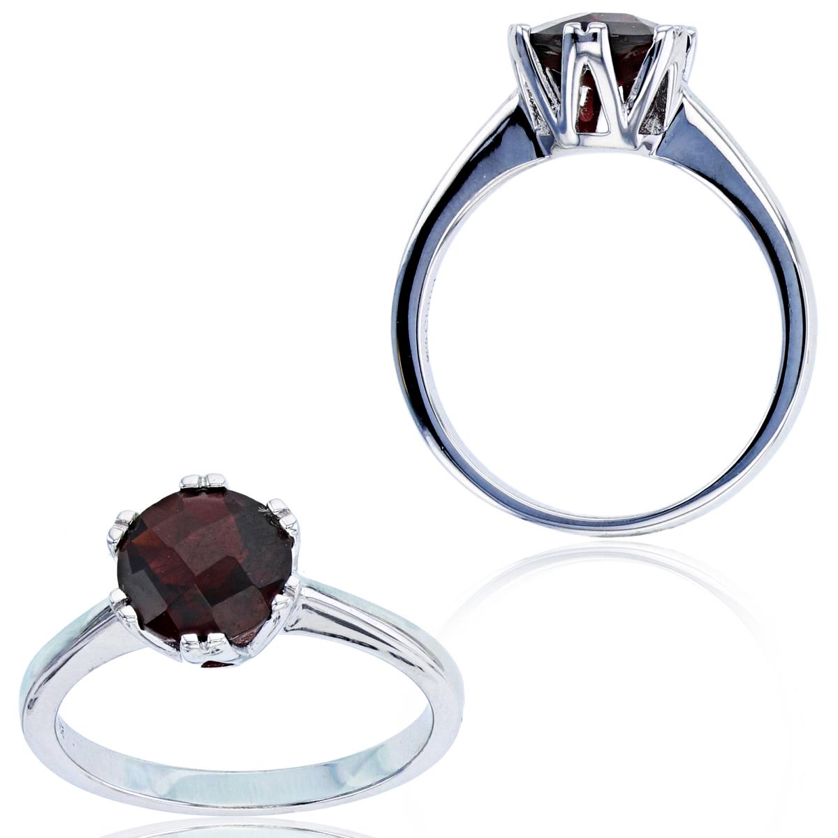Sterling Silver Rhodium 8mm Rd Garnet Checkerboard Double Prong Solitaire Ring