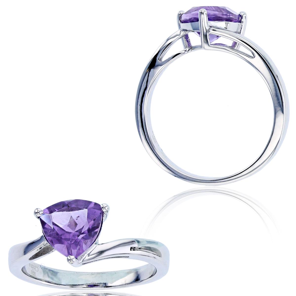 Sterling Silver Rhodium 8x8mm Trillion Amethyst Solitaire Ring