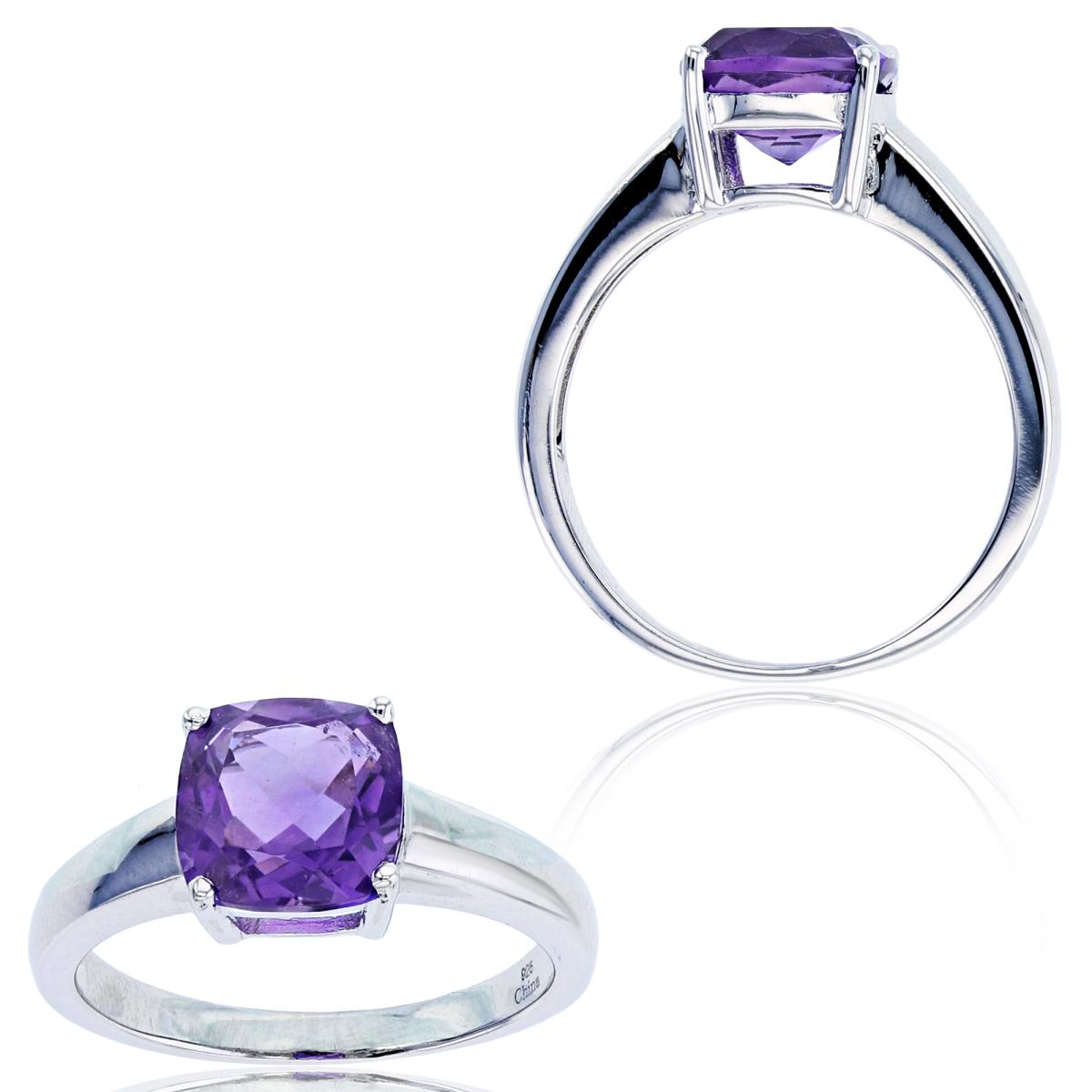 Sterling Silver Rhodium 8mm Cushion Amethyst Solitaire Ring
