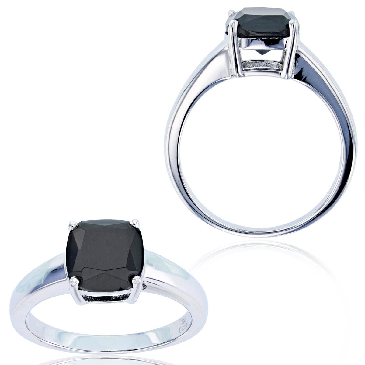 Sterling Silver Rhodium 8mm Cushion Black Spinel Solitaire Ring