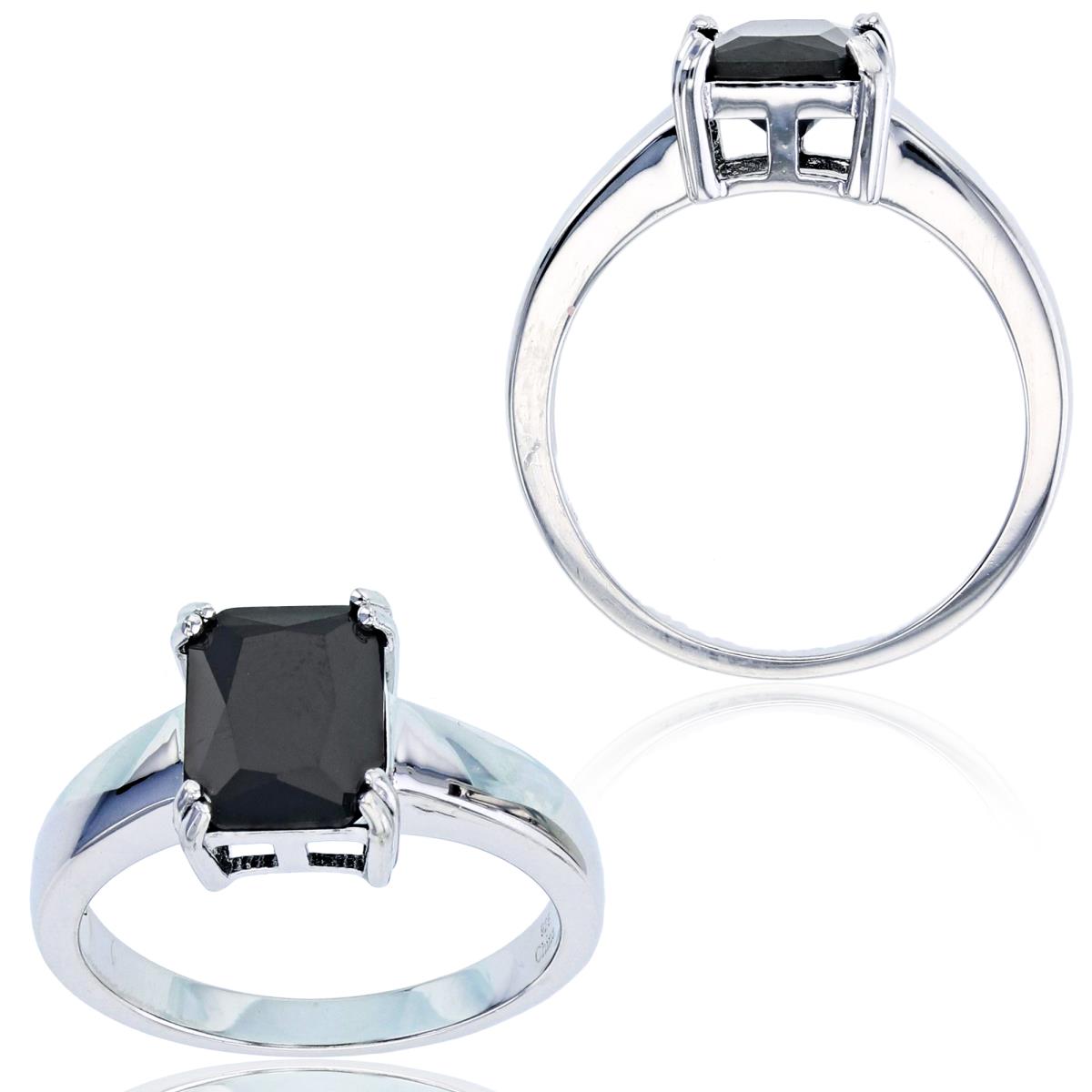 Sterling Silver Rhodium 9x7mm Octagon Black Spinel Solitaire Ring