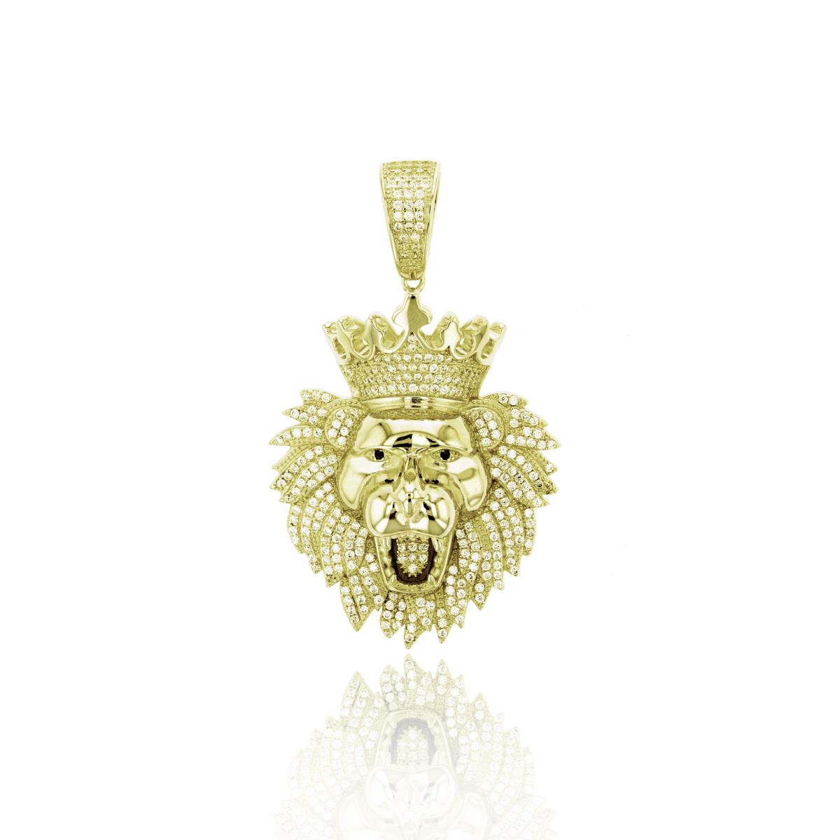 Sterling Silver Yellow 62x37mm Micropave King Lion Head Dangling Pendant