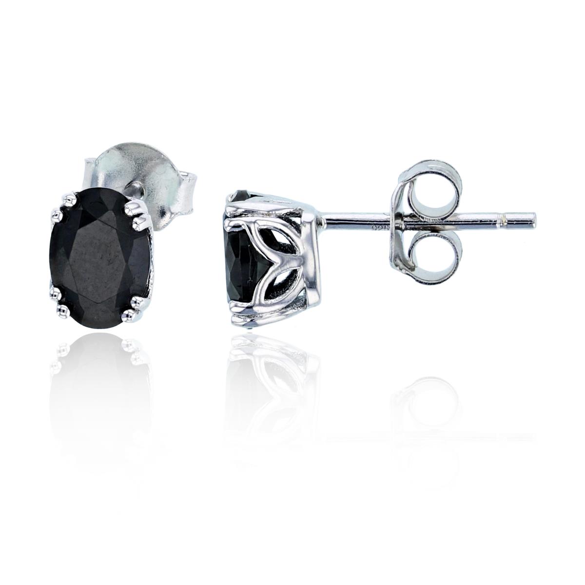 Sterling Silver Rhodium 7x5mm Oval Black Spinel Stud Earring