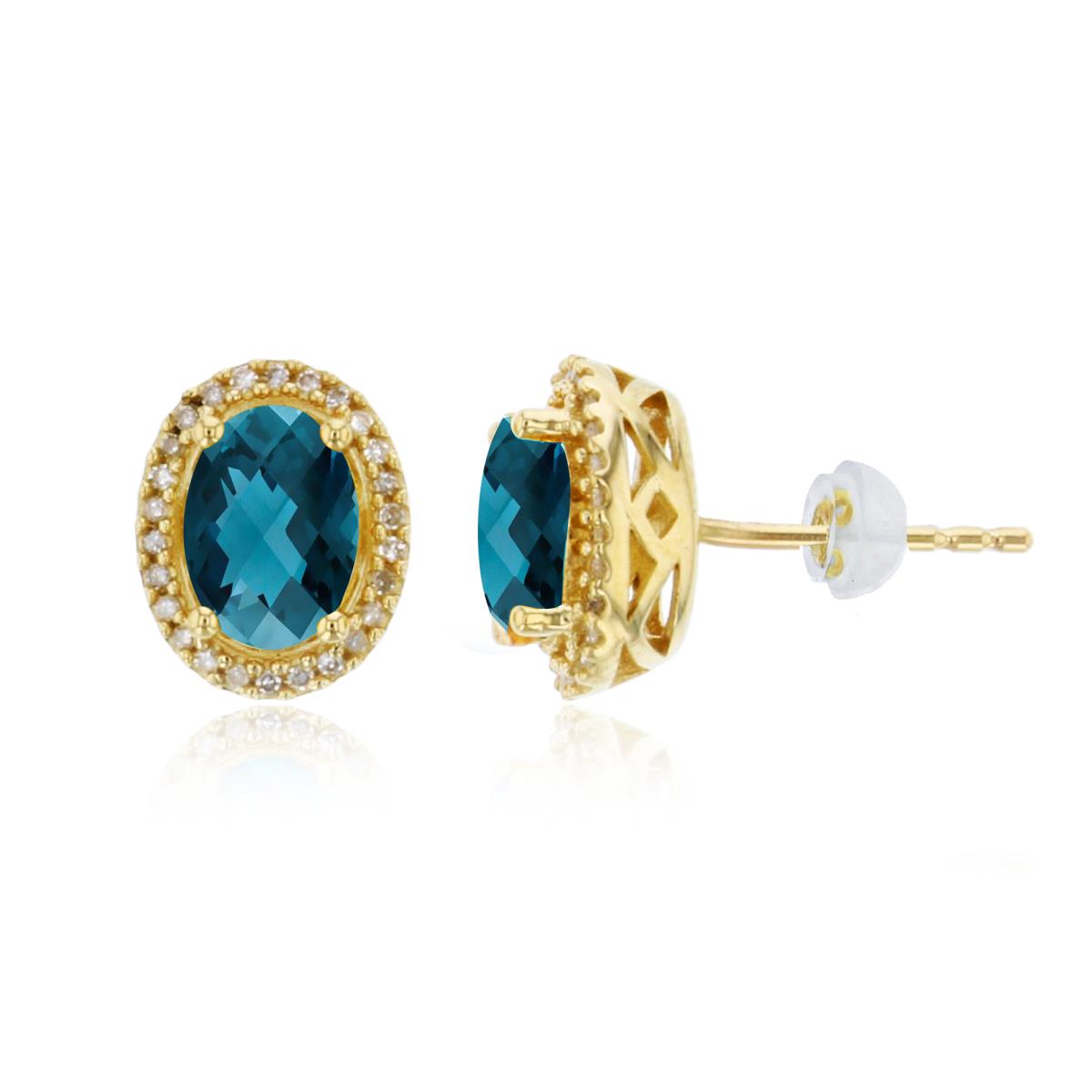 14K Yellow Gold 0.156cttw Rnd Diamonds & 7x5mm Ov London Blue Topaz Halo Earrings