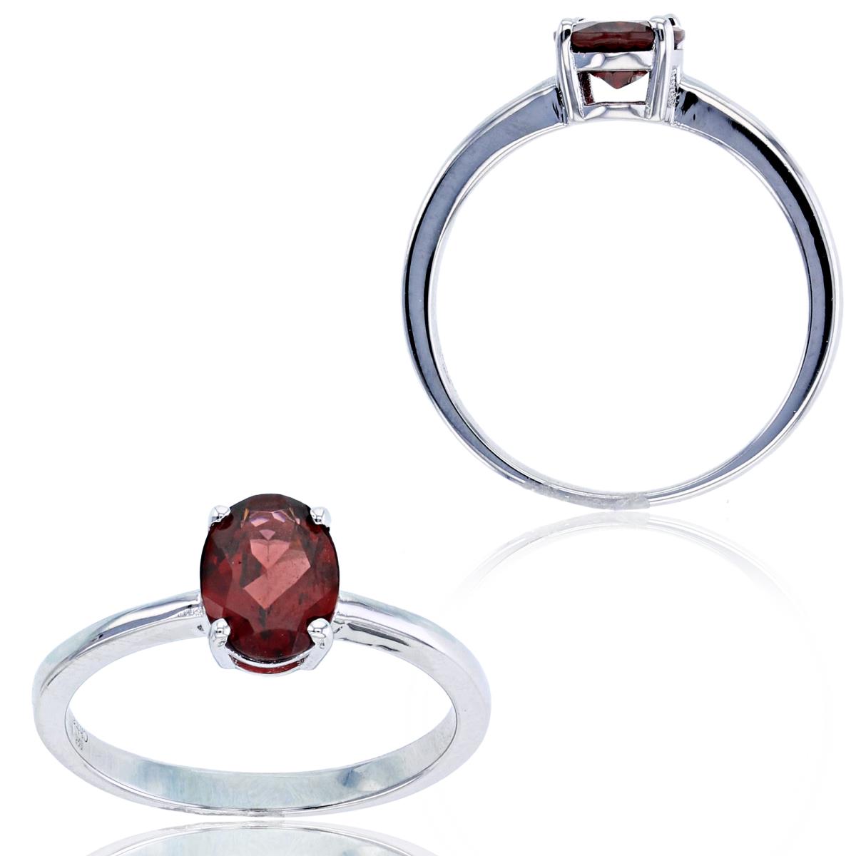 Sterling Silver Rhodium 8x6mm Oval Garnet Solitaire Ring