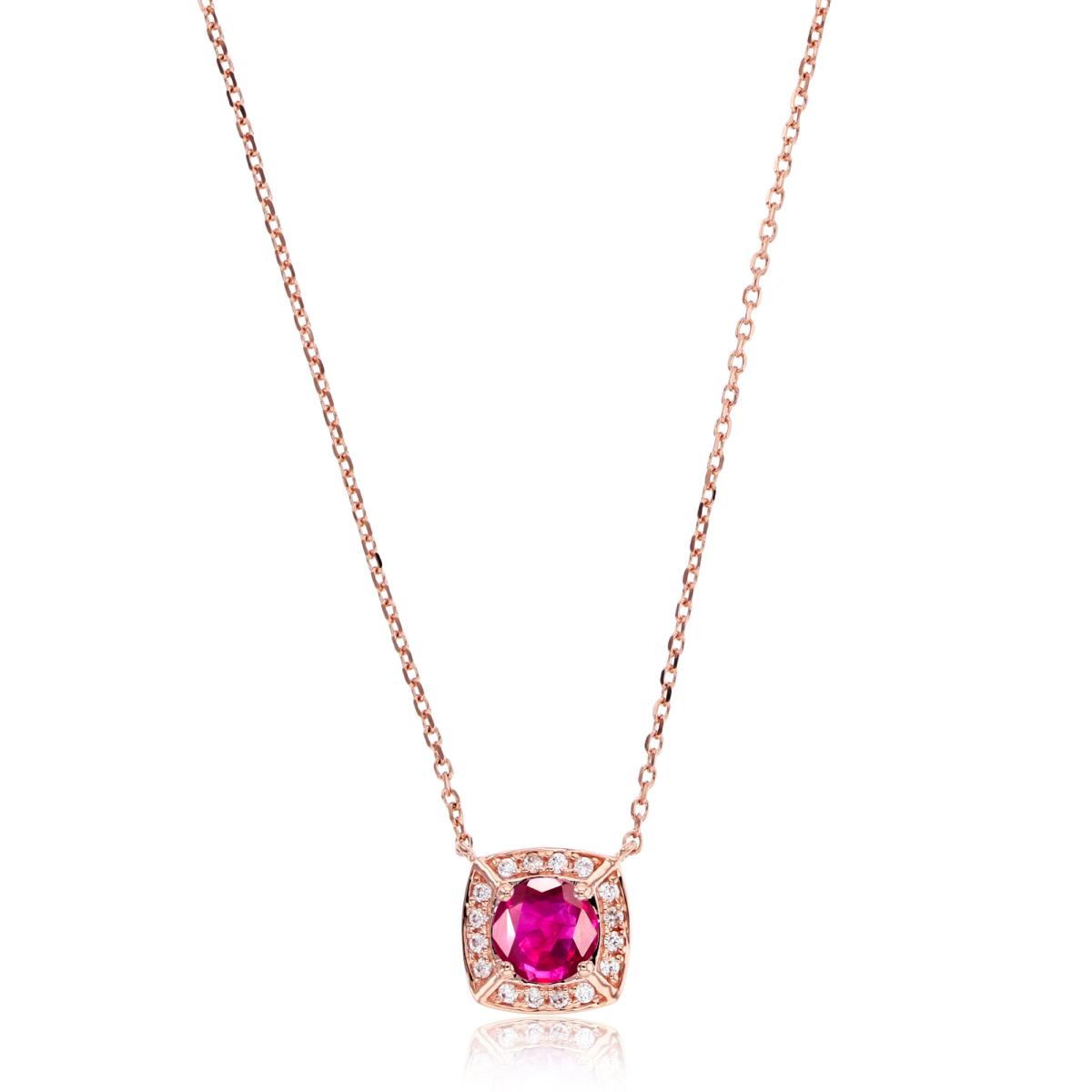 14K Rose Gold 0.08cttw Rnd Diamonds & 5mm Rnd Ruby Cushion 16"+1"+1"Necklace