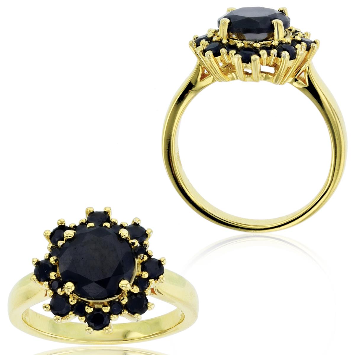 Sterling Silver Yellow 1-Micron Rd Black Spinel Flower Fashion Ring