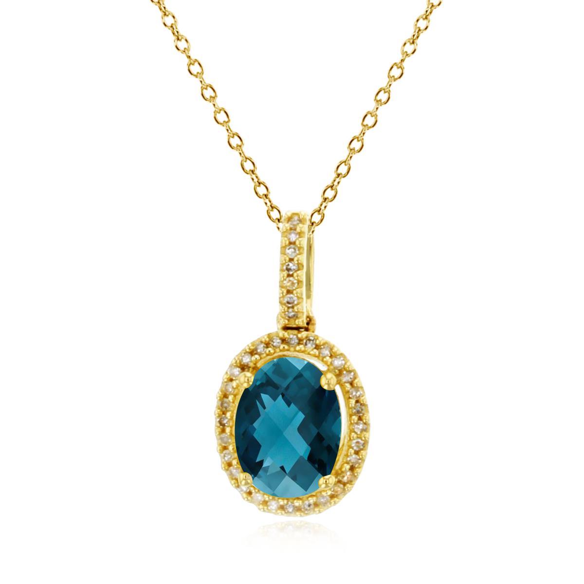 14K Yellow Gold 0.10cttw Rnd Diamonds & 8x6mm Ov London Blue Topaz Halo 18" Necklace