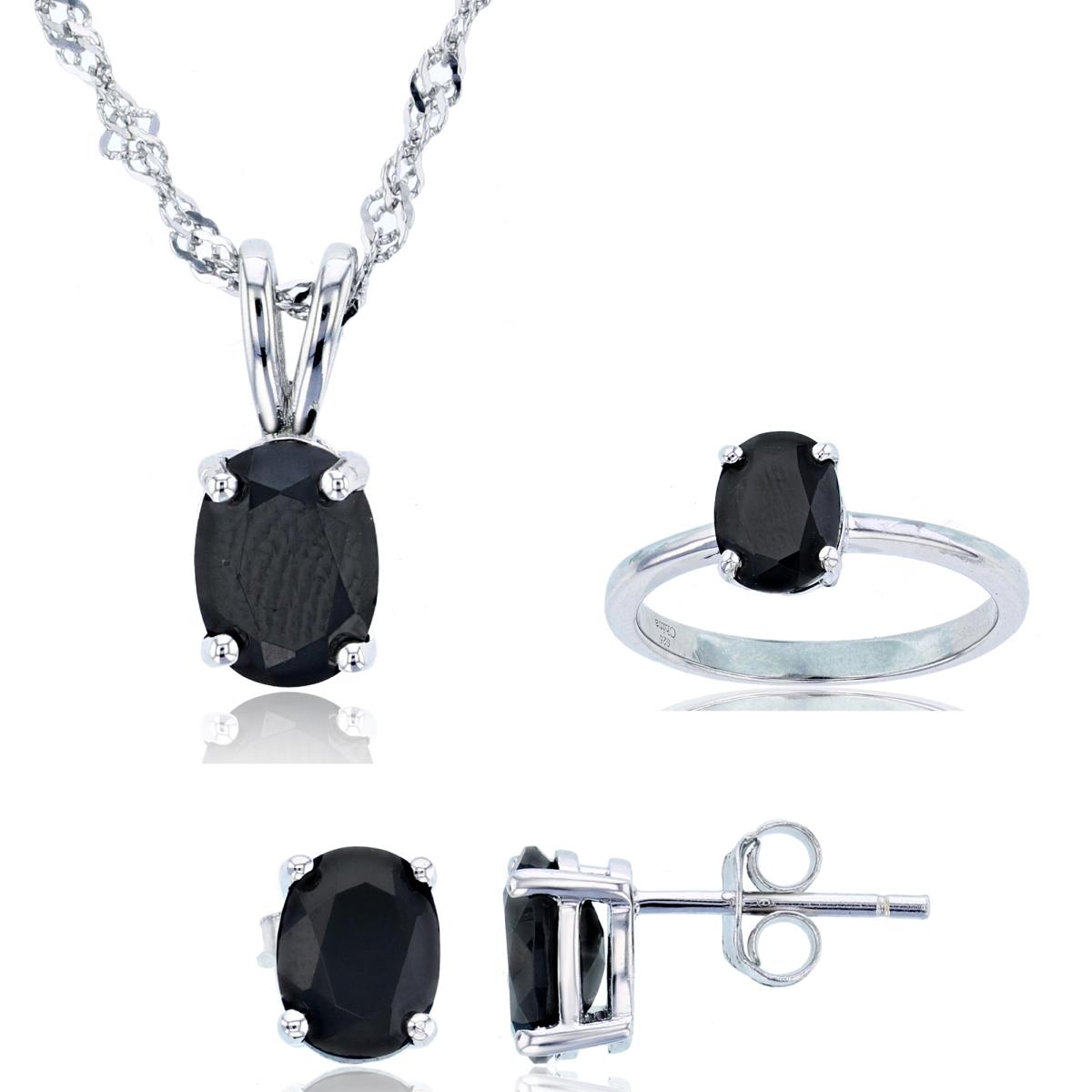 Sterling Silver Rhodium 8x6mm Oval Black Spinel Solitaire 18"+2" Singapore Chain Necklace/Ring/Earring Set