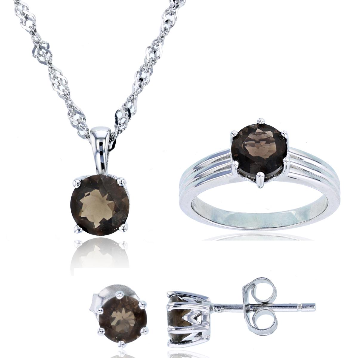 Sterling Silver Rhodium Rd Smokey Quartz Solitaire 18"+2" Singapore Chain Necklace/Ring/Earring Set