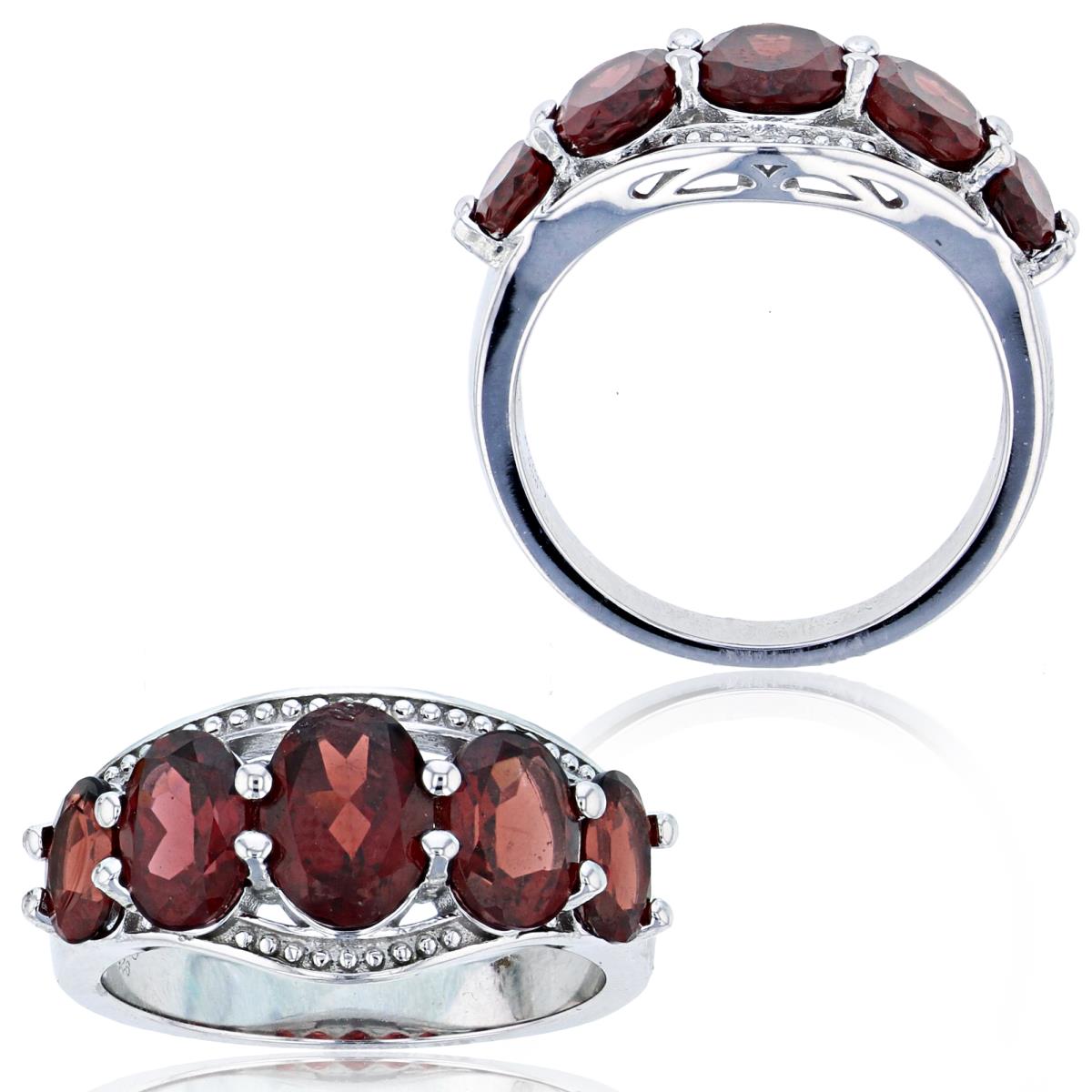 Sterling Silver Rhodium Graduated Oval Garnet Fashion Ring