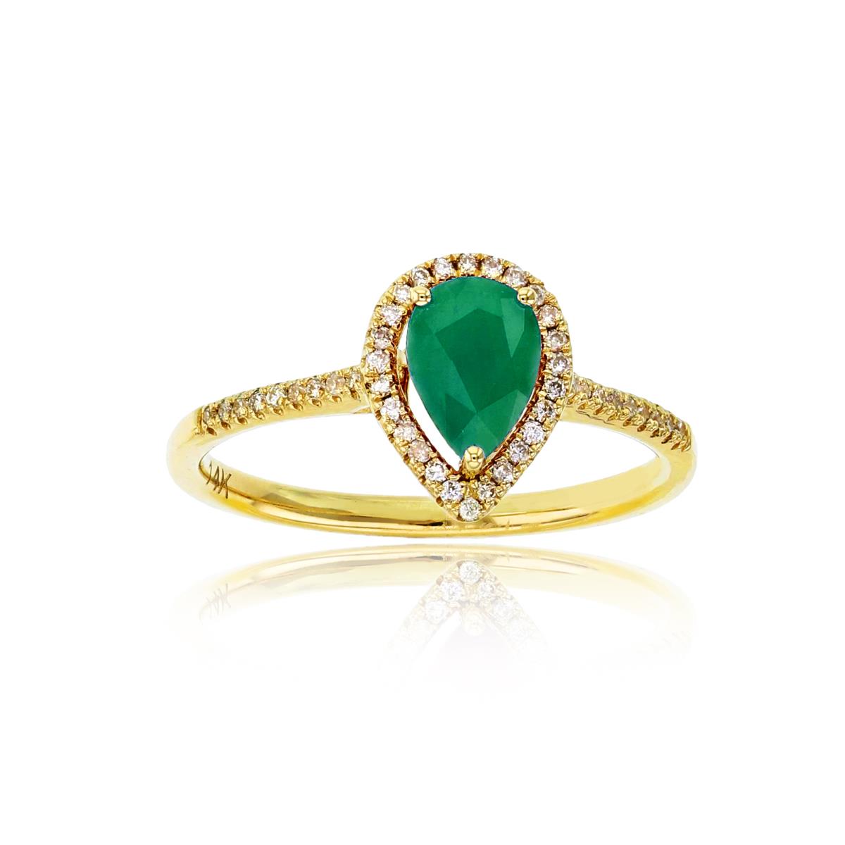 14K Yellow Gold 0.14cttw Rnd Diamonds & 7x5mm PS Emerald Halo Ring