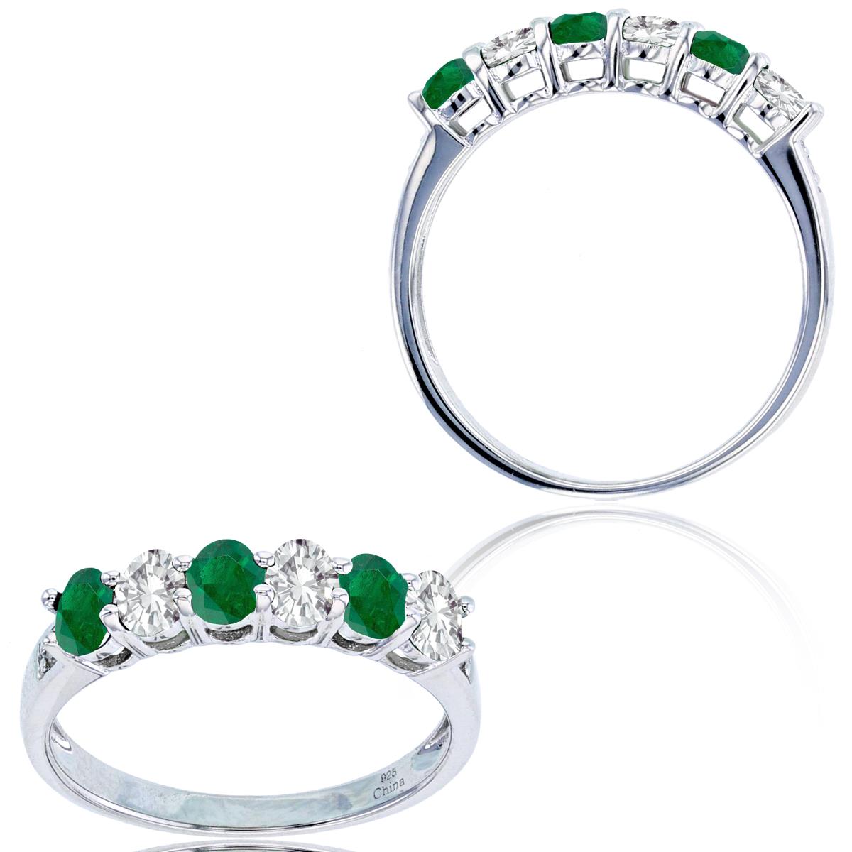 Sterling Silver Rhodium 4x3mm Oval Emerald & White Topaz Fashion Ring