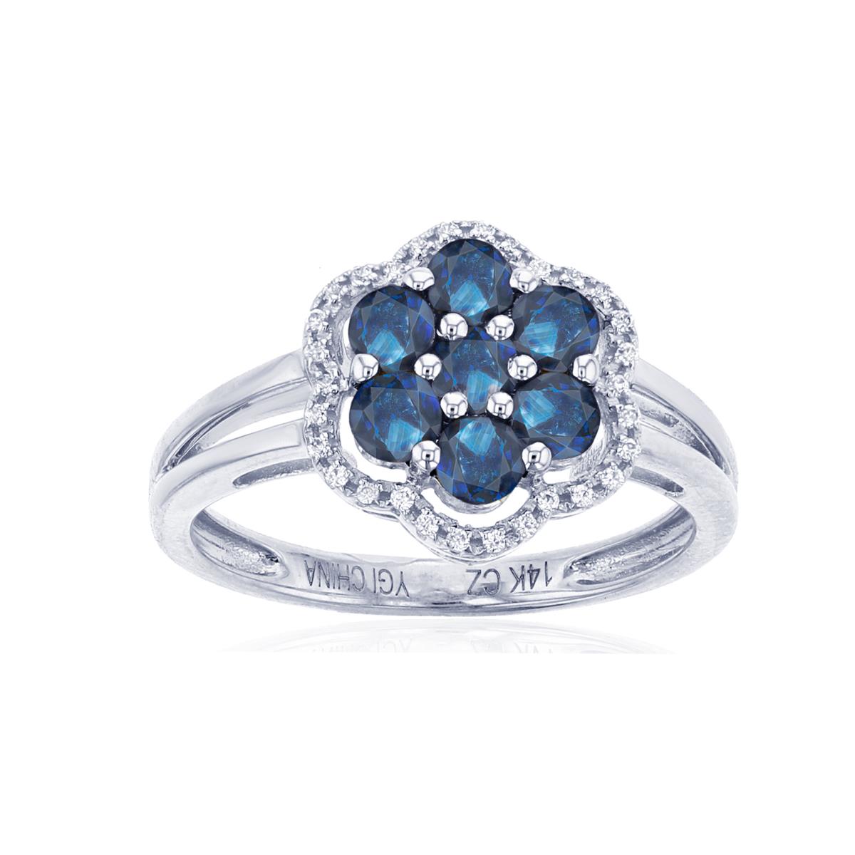 14K White Gold 0.06cttw Rnd Diamonds & 3mm Rnd Blue Sapphire Flower Ring