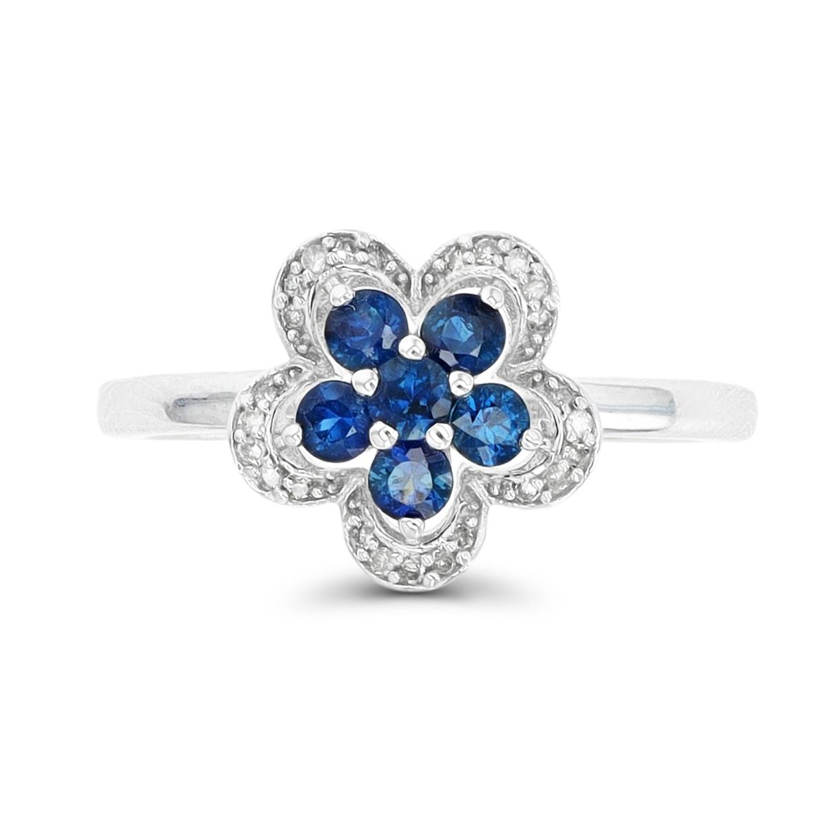 14K White Gold 0.08cttw Rnd Diamonds & Rnd Sapphire Flower Ring