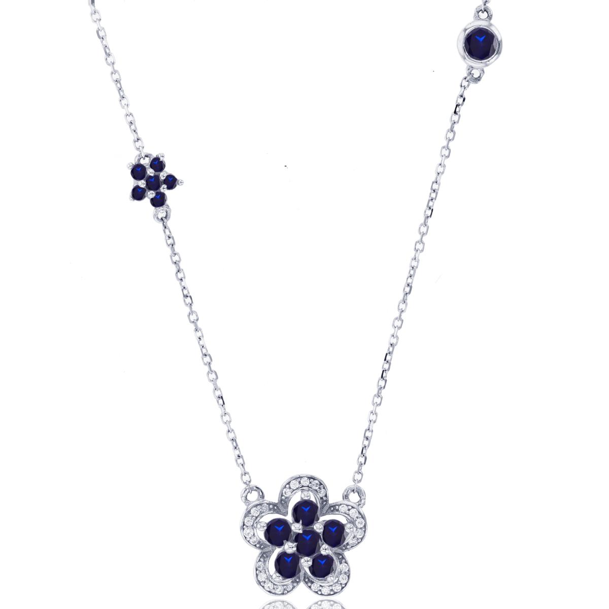 14K White Gold  0.08cttw Rnd Diamonds & Rnd Sapphire Flower 18" Necklace