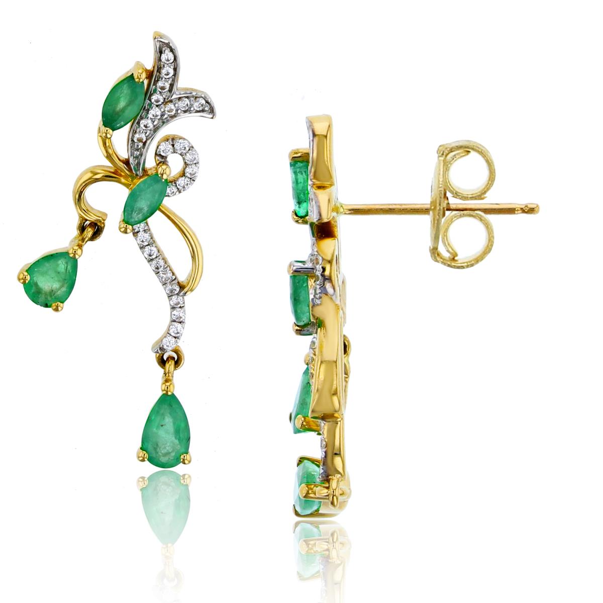 14K Yellow Gold 0.15cttw Rnd Diamonds & MQ /PS Emerald Vertical Swirl Dangling Earrings