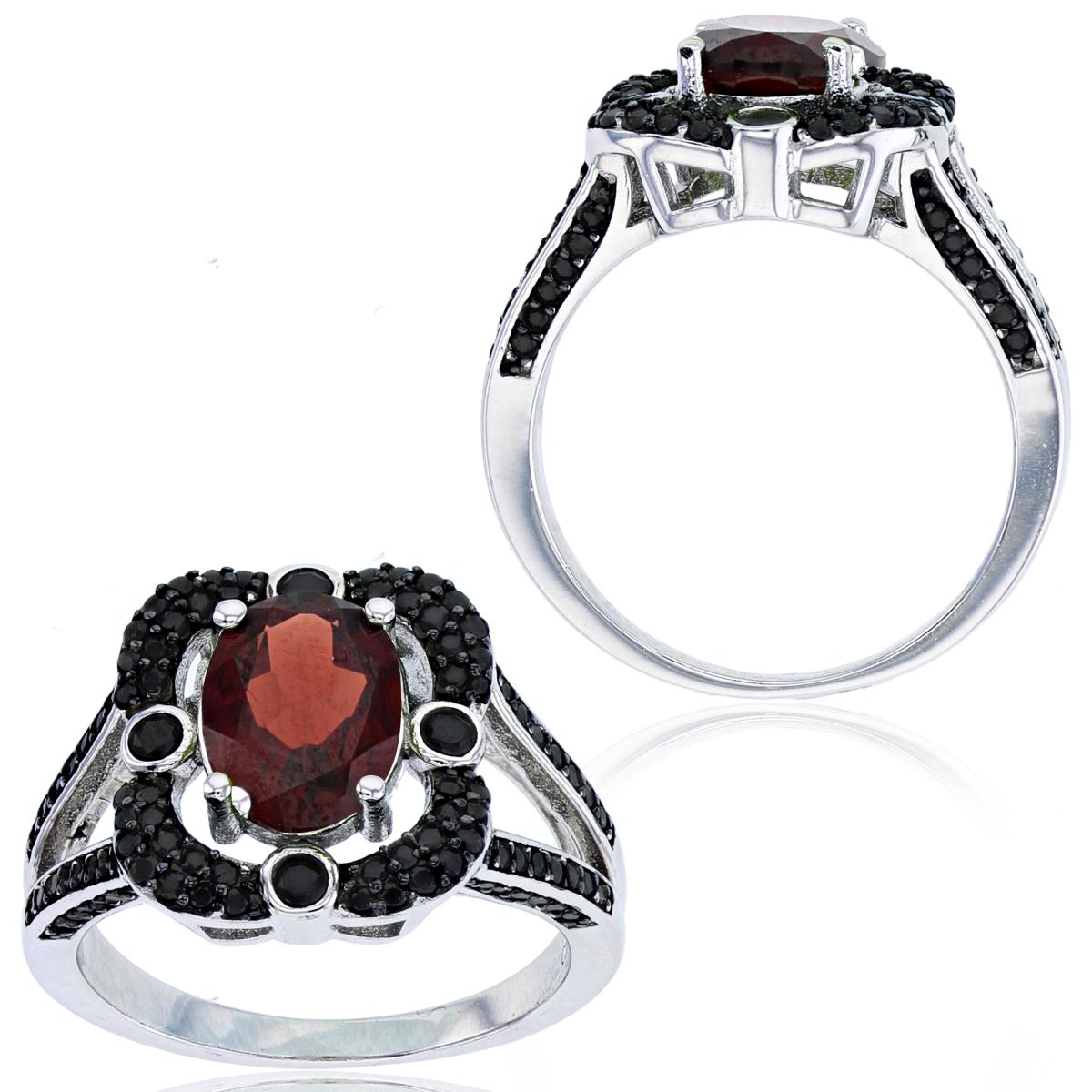 Sterling Silver Black & Rhodium 9x7mm Oval Garnet & Black Spinel Sides Split Fashion Ring