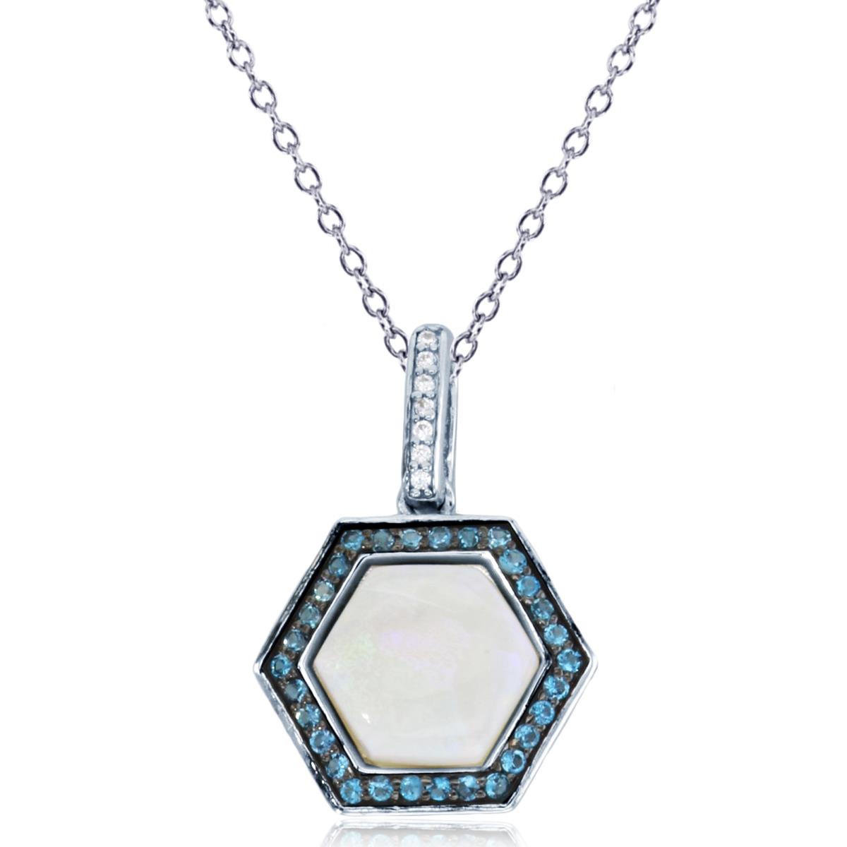 14K White Gold 0.02cttw Rnd Diamonds & 8mm Hex Opal /Rnd London Blue Topaz Hexagon 16+1+1"Necklace