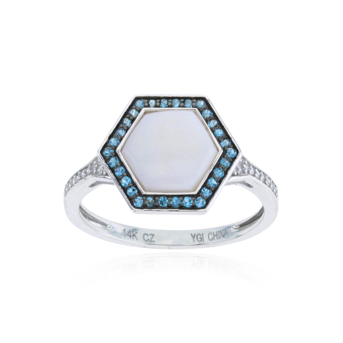 14K White Gold 0.054cttw Rnd Diamonds & 8mm Hex Opal /Rnd London Blue Topaz Hexagon Ring