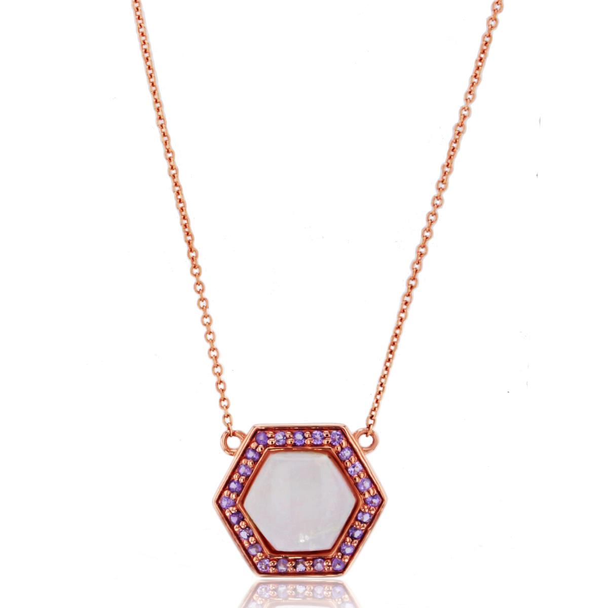 14K Rose Gold 7mm Hex Opal & Rnd Amethyst Hexagon 16+1+1"Necklace