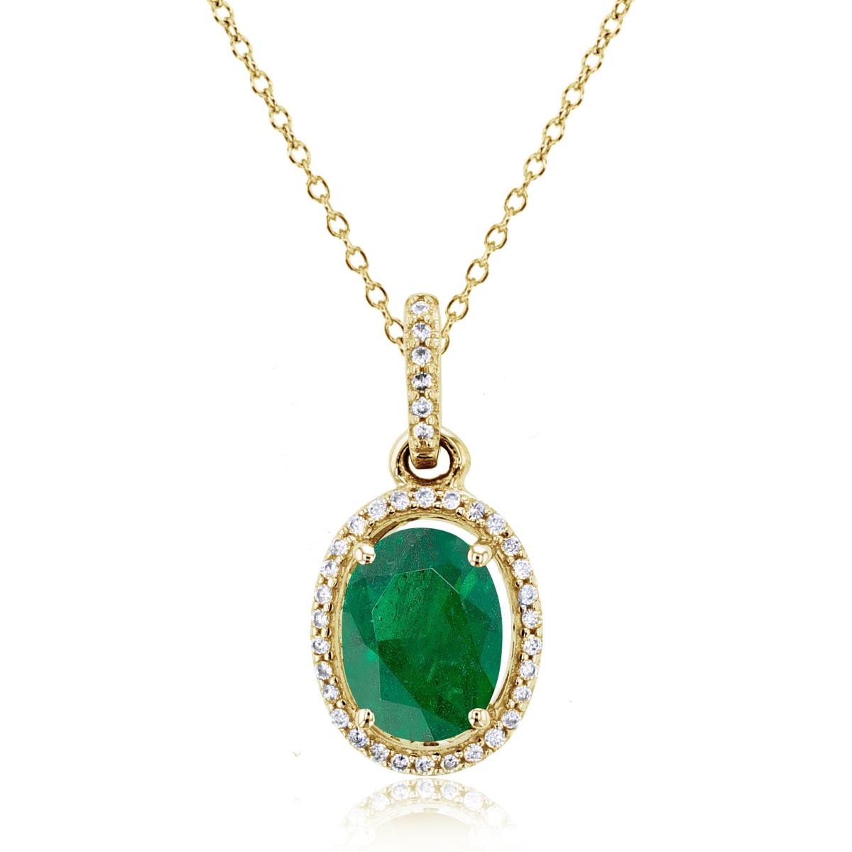 14K Yellow Gold 0.11cttw Rnd Diamonds & 7x5mm Ov Emerald Halo 16+1+1"Necklace