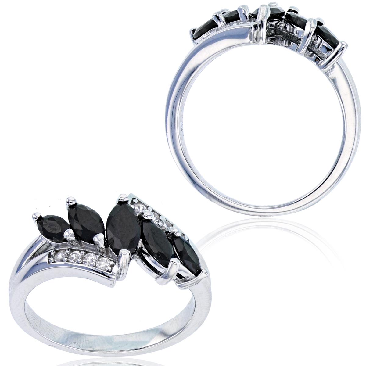 Sterling Silver Rhodium Marquise Black Spinel & Rd White Zircon Bypass Fashion Ring