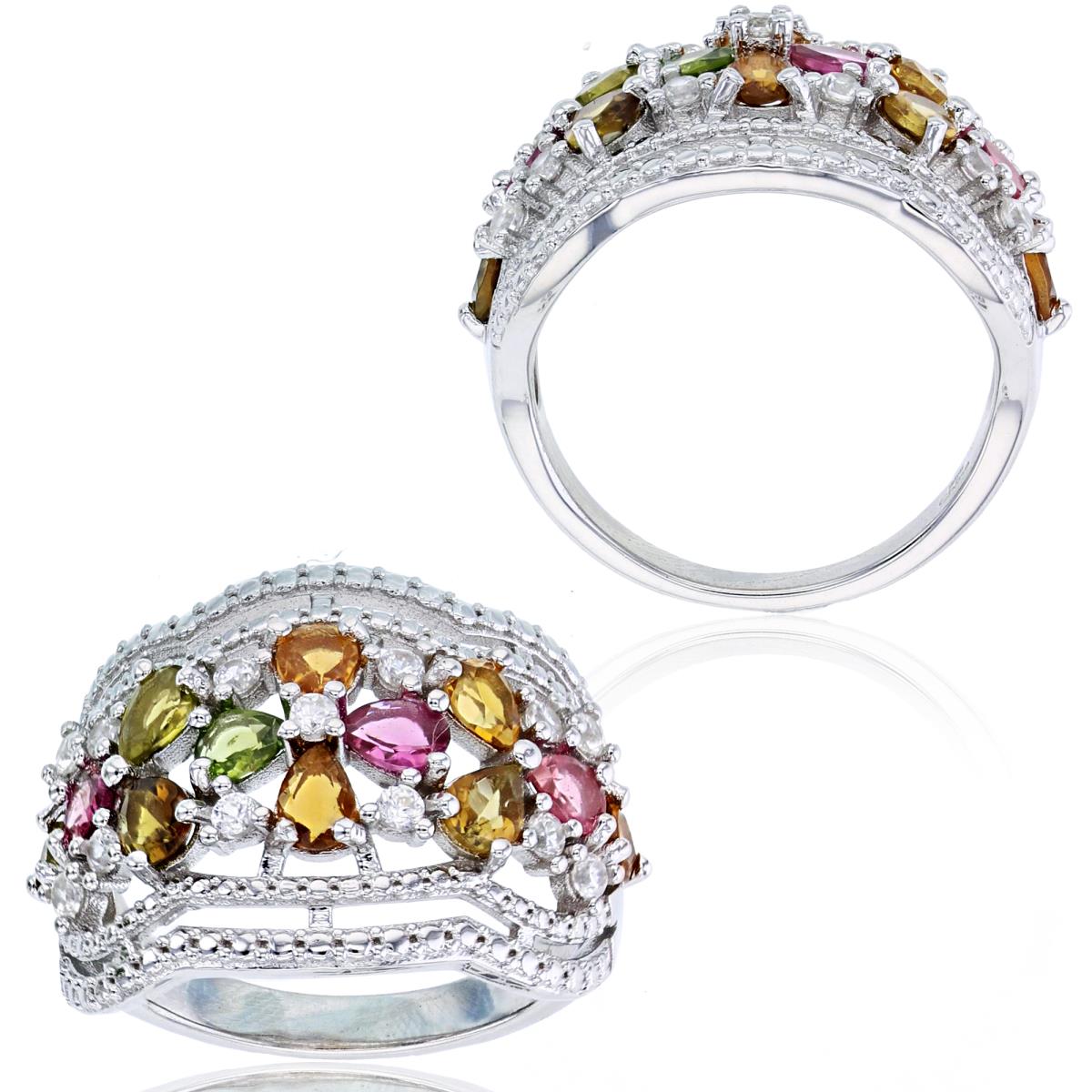 Sterling Silver Rhodium Pear Cut Multi Tourmaline & Rd White Zircon Beaded Floral  Ring