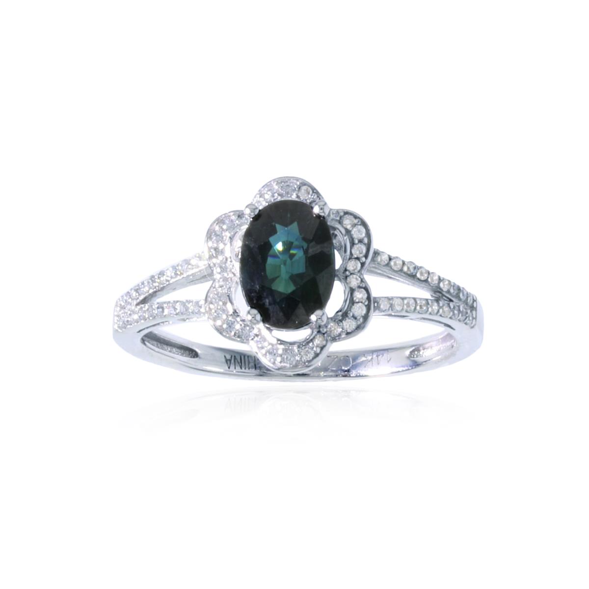 14K White Gold 0.198 Cttw Diamond & 7x5mm Ov Sapphire Flower Ring