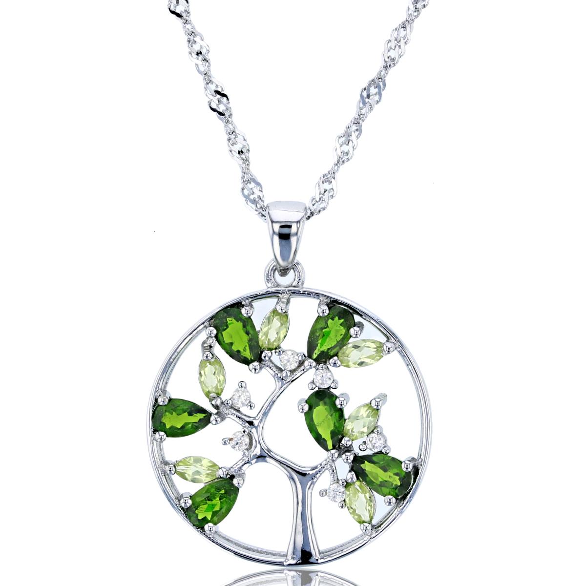 Sterling Silver Rhodium Chrome Diopside & White Zircon Tree 18"+2" Singapore Chain Necklace