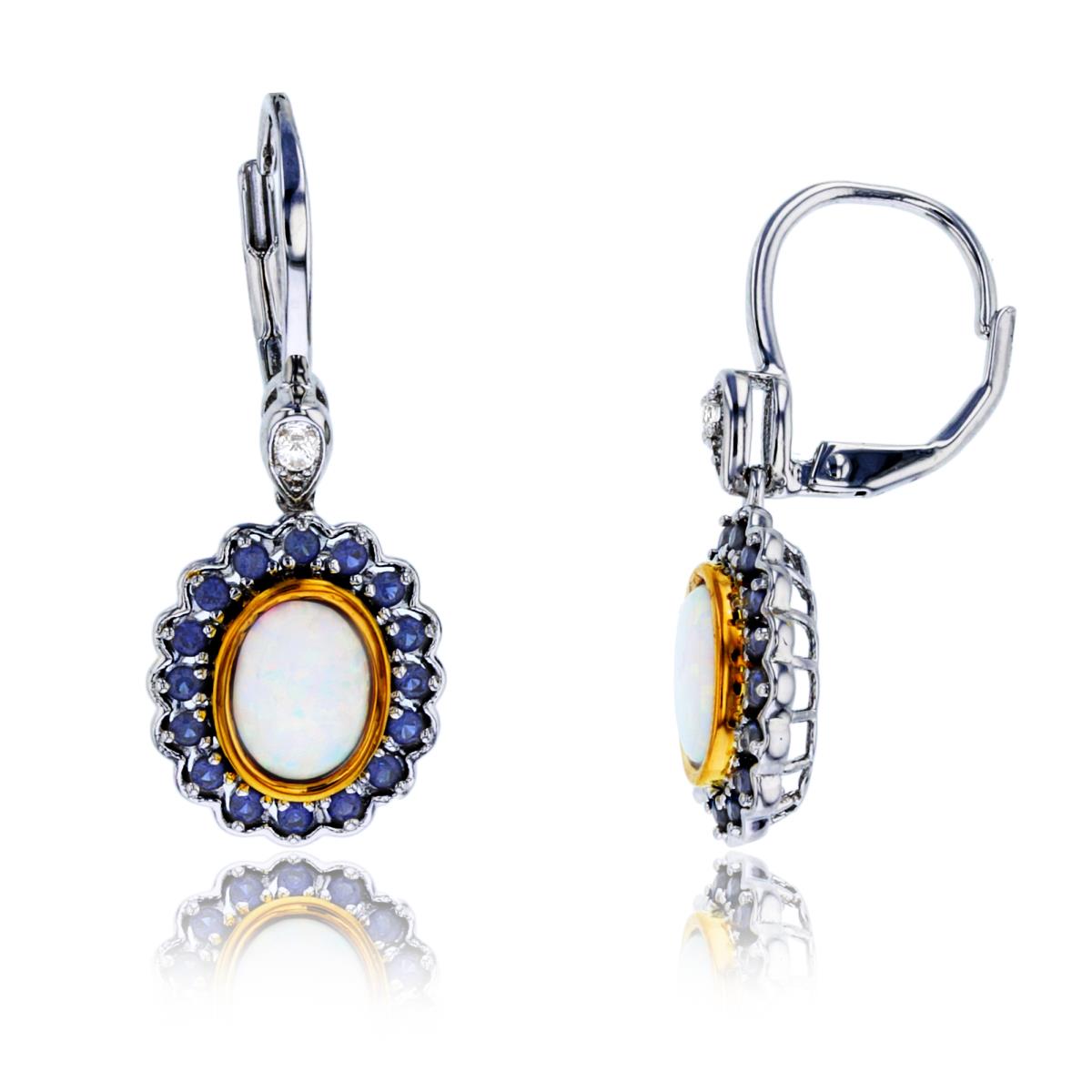 14K Two-Tone Gold 8x6mm Ov Opal & Rnd Blue/White Sapphire Dangling Flower Earrings