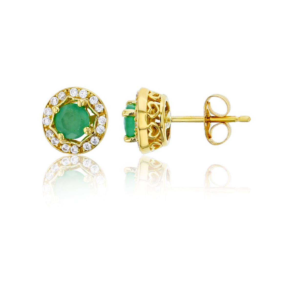 14K Yellow Gold 0.13cttw Rnd Diamond & 4mm Rnd Emerald Circle Stud Earrings