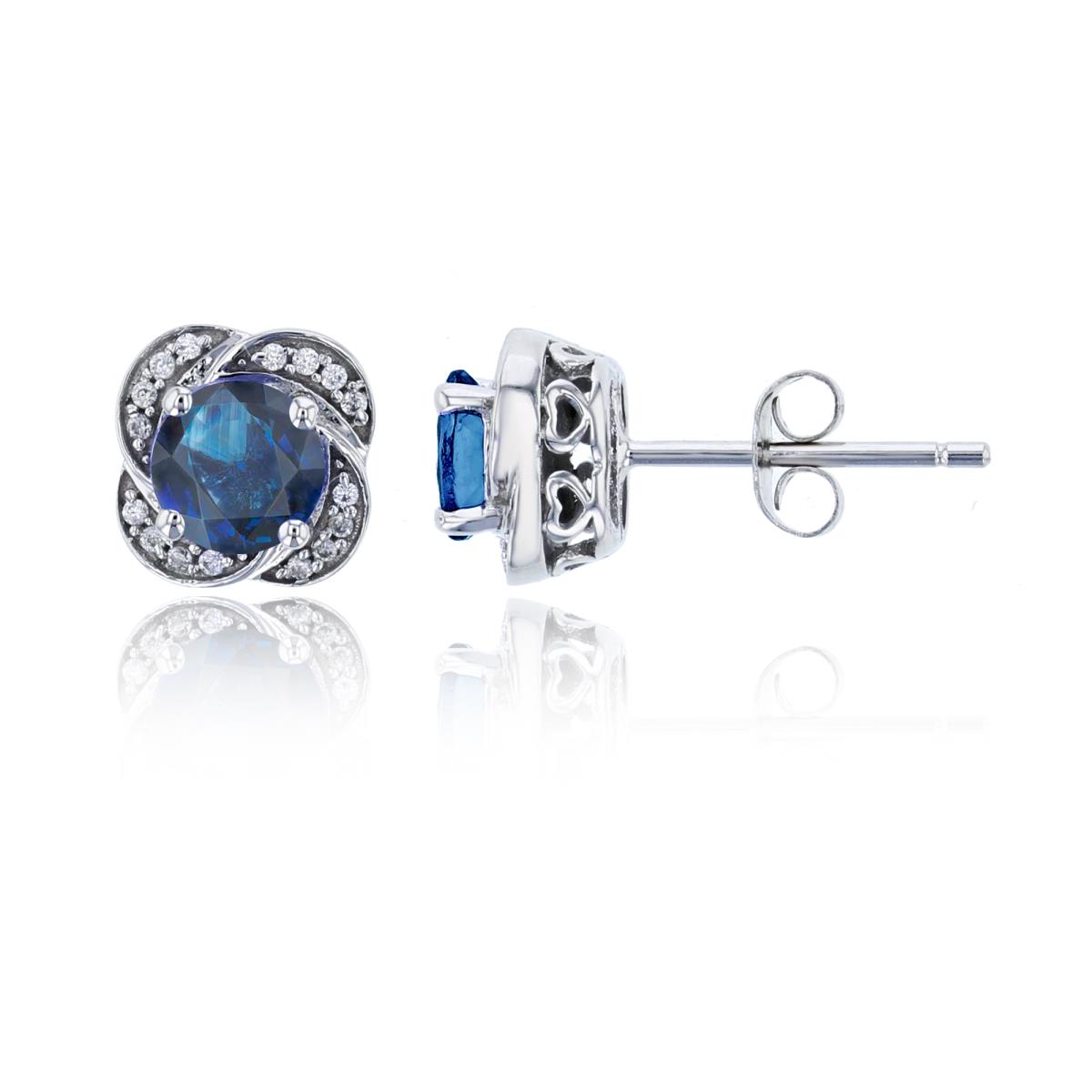 14K White Gold 0.10cttw Rnd Diamonds & 5mm Rnd Sapphire Flower Stud Earrings