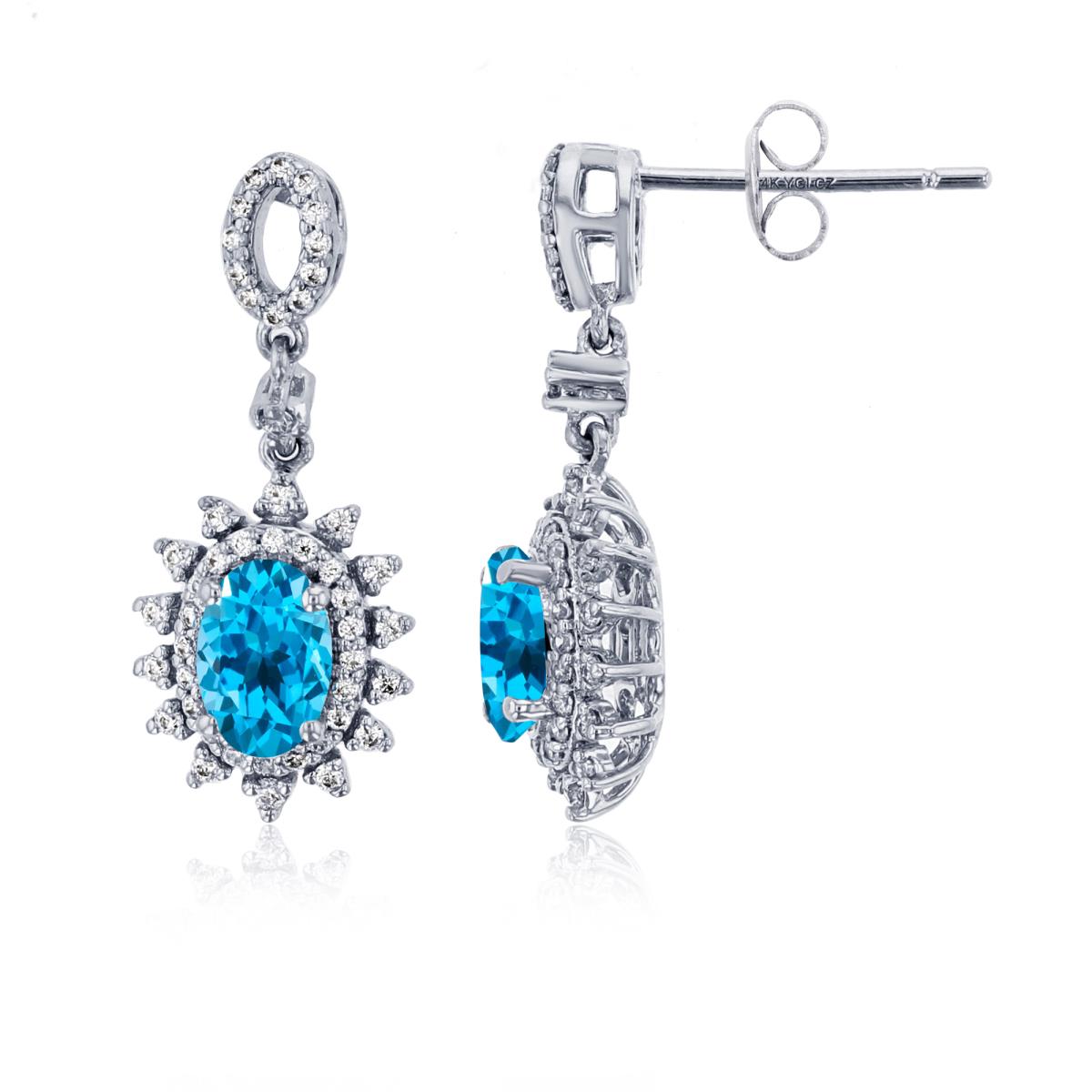 14K White Gold 0.25cttw Rnd Diamonds & 6x4mm Ov Blue Topaz Flower Dangling Earrings