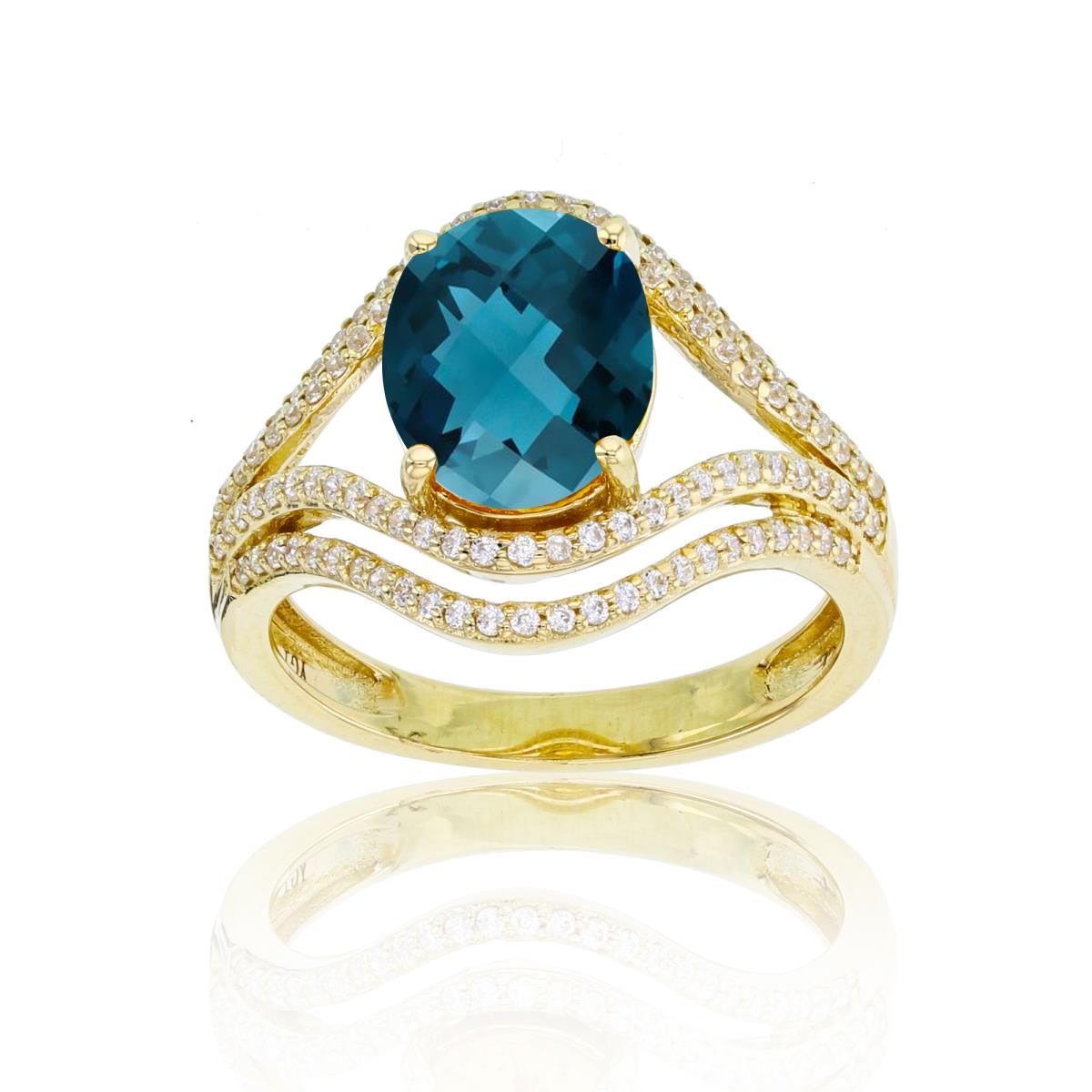 14K Yellow Gold 0.43cttw Rnd Diamonds & 10x8mm Ov London Blue Topaz Double Halo Ring