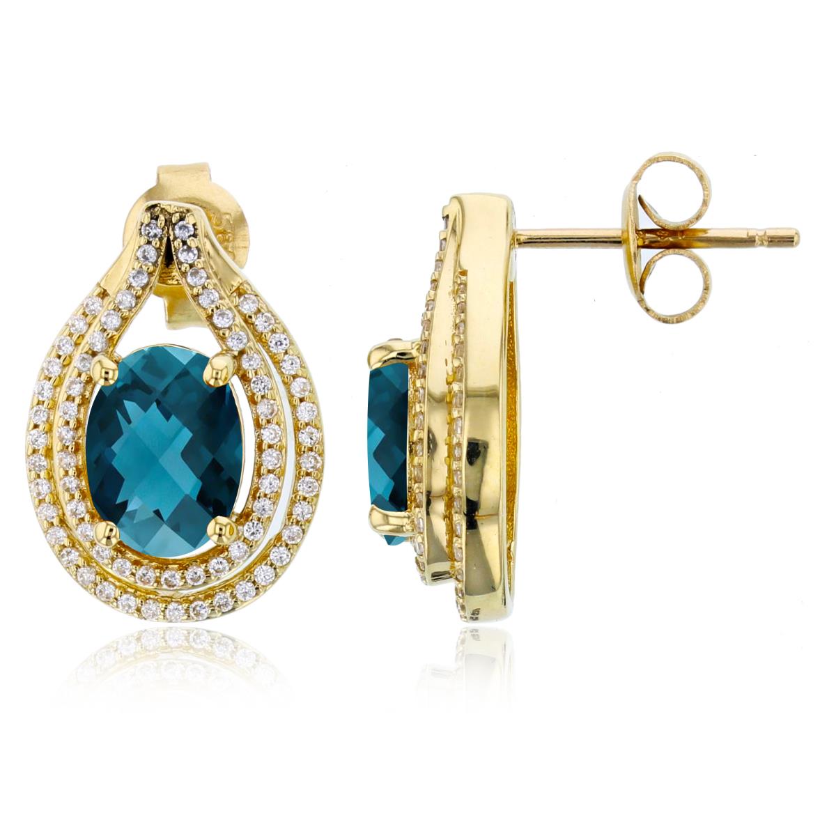 14K Yellow Gold 0.41cttw Rnd Diamonds & 8x6mm Ov London Blue Topaz Double Halo Earrings