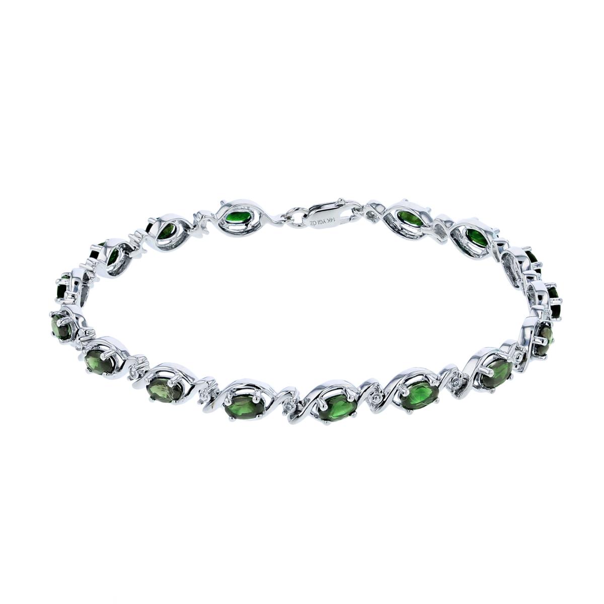 14K White Gold 0.05cttw Rnd Diamonds & 5X3mm Ov Created Emerald Invert Linked Bracelet