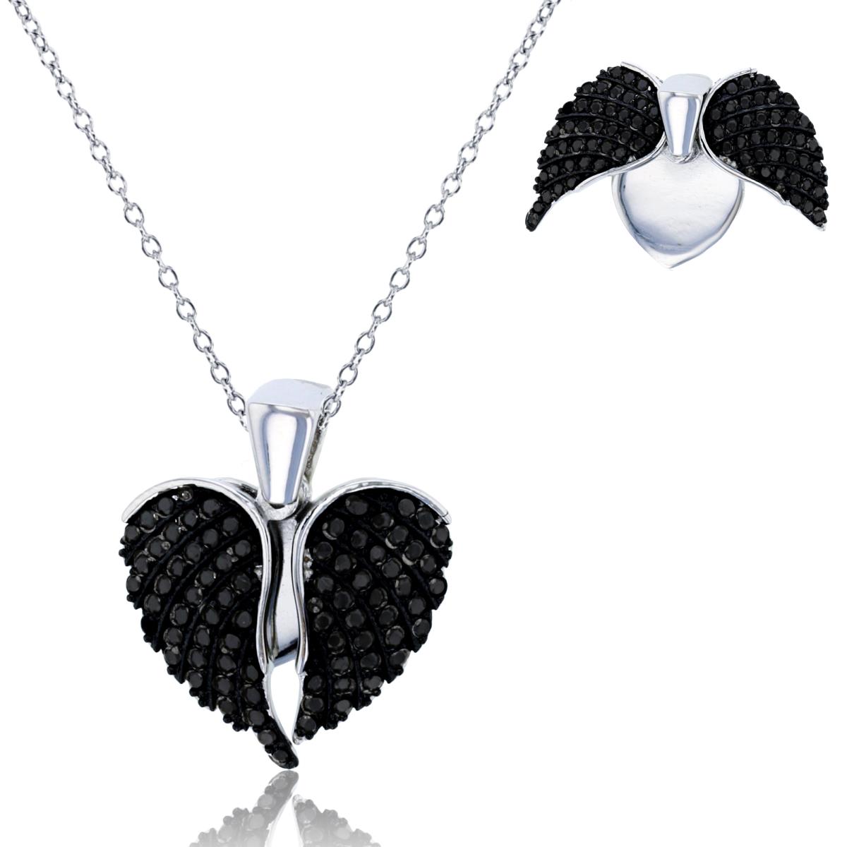 Sterling Silver Rhodium Black Spinel Micropave Movable Wings 18"+2" Chain Necklace