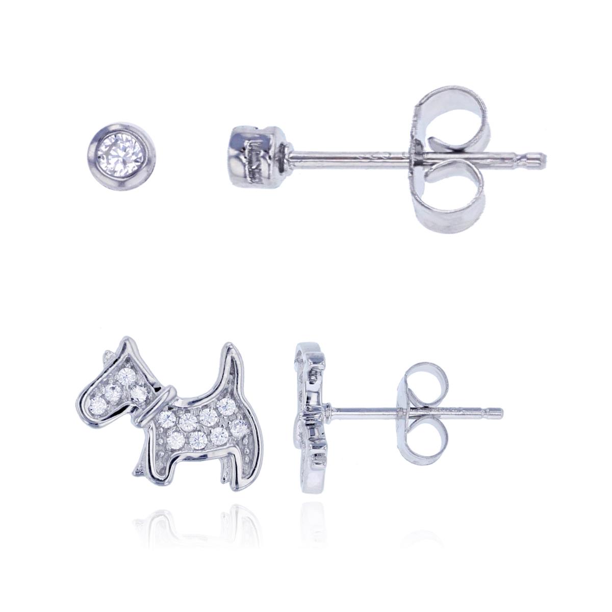 Sterling Silver Rhodium Micropave Dog & 3mm Round CZ Bezel Stud Earring Set