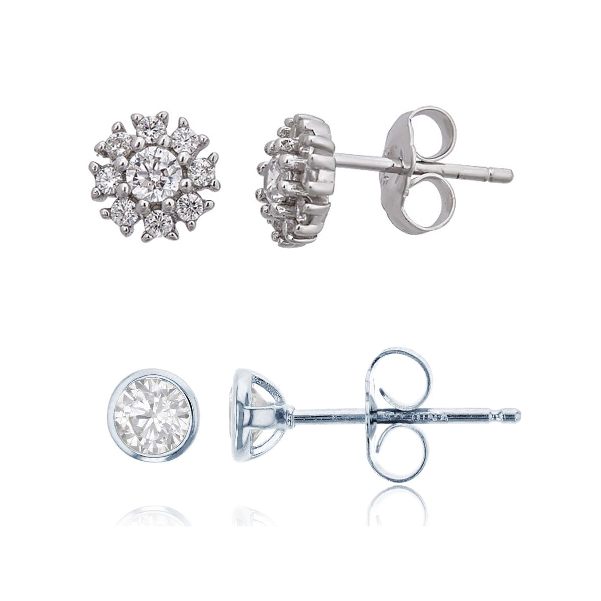 Sterling Silver 3Mm Round Pave & 3mm Round Cut CZ Bezel Stud Earring Set
