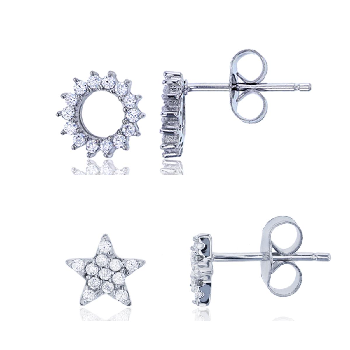 Sterling Silver Rhodium Pave 8mm Open Circle & 6x6mm Micropave Star Stud Earring Set