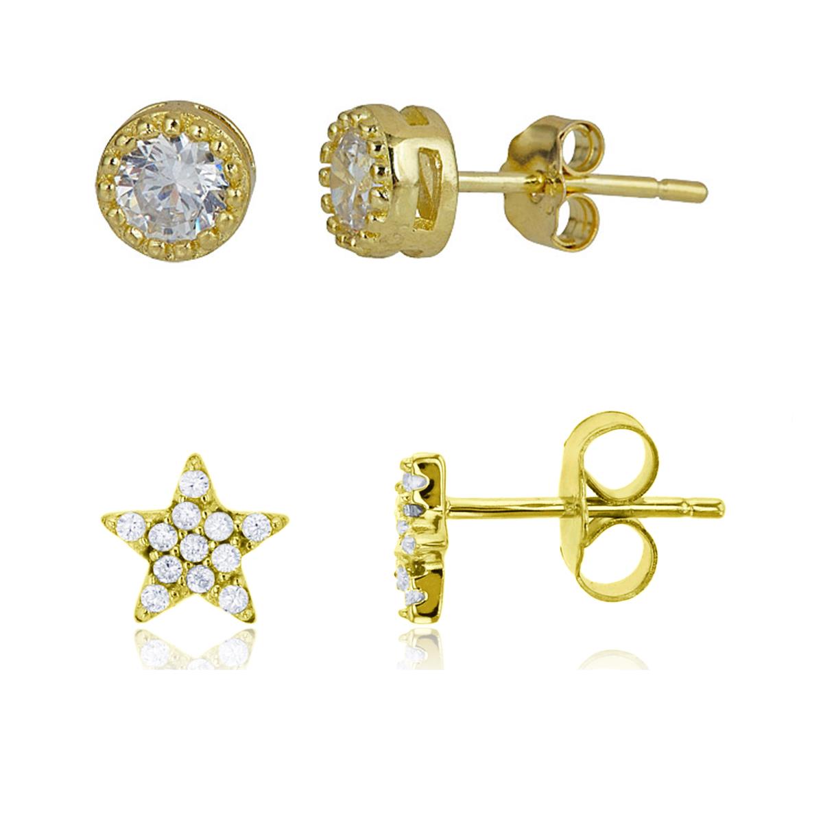 Sterling Silver Yellow 6x6mm Micropave Star & Rd Milgrain Solitaire Stud Earring Set