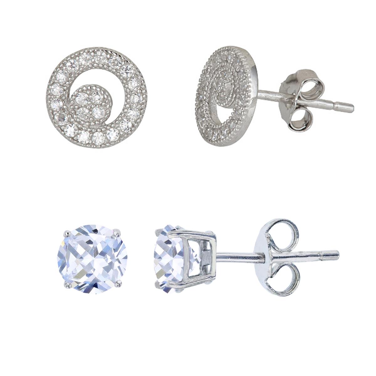 Sterling Silver Micropave Petite Round & 5mm Round Solitaire Stud Earring Set