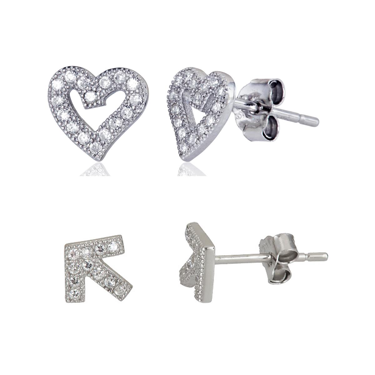 Sterling Silver Petite Pave Heart & Arrow Stud Earring Set