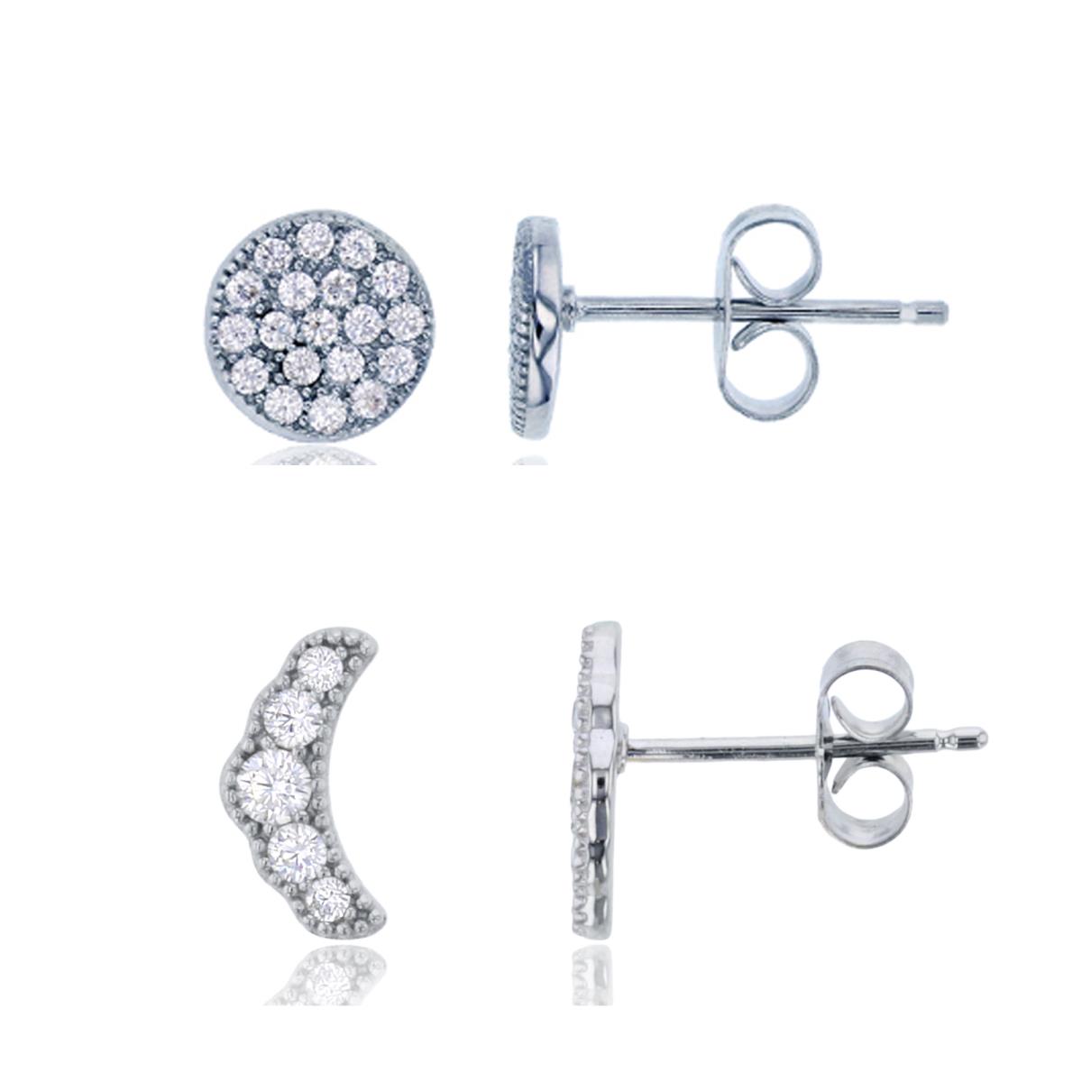Sterling Silver Rhodium Micropave Round CZ & Millgrain Croissant Stud Earring Set