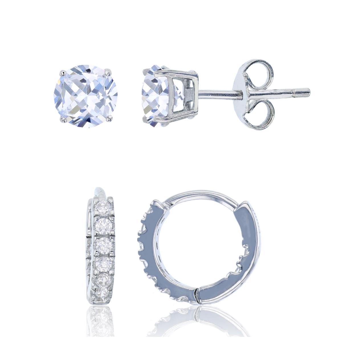 Sterling Silver Rhodium Micropave Huggie & 5mm Round Solitaire Stud Earring Set