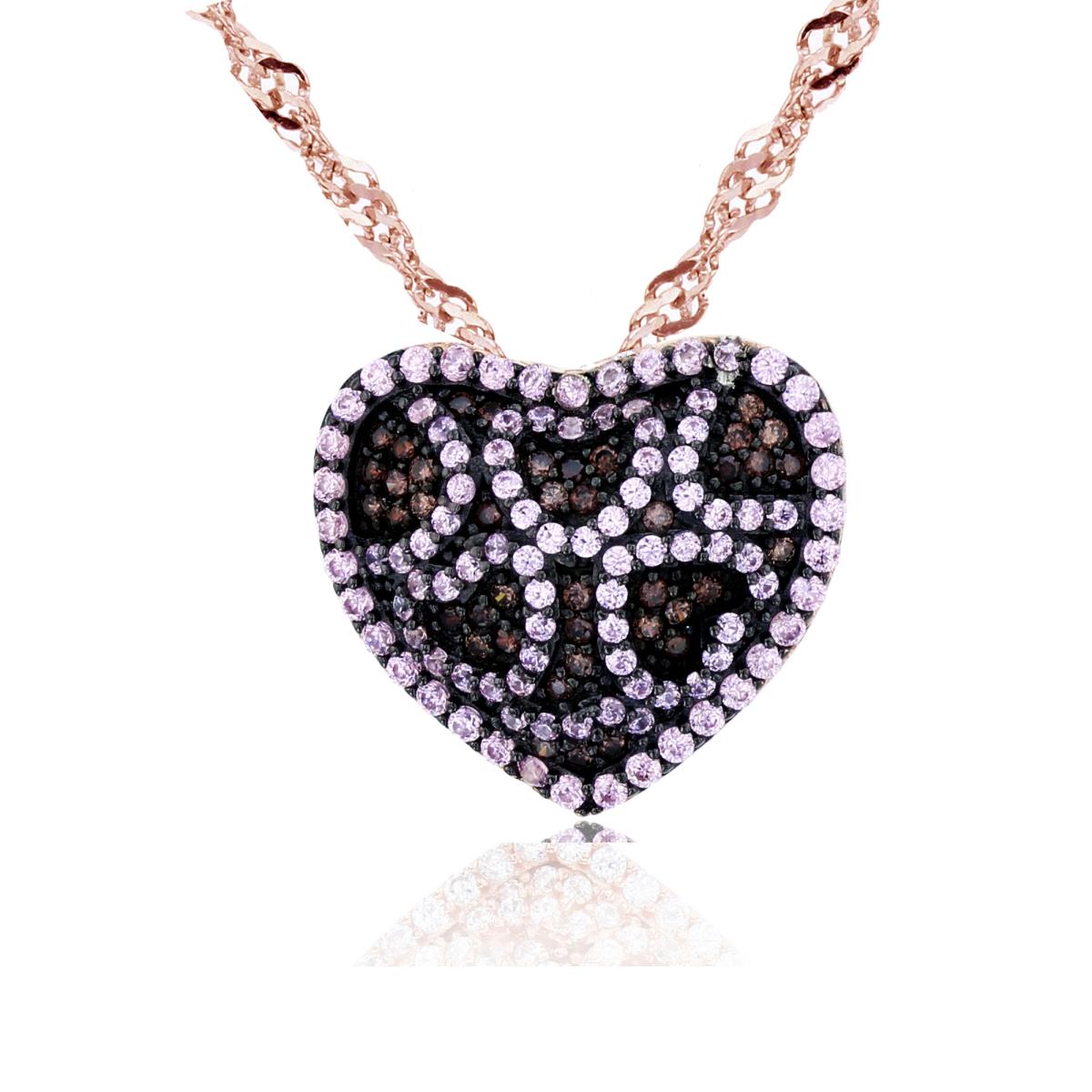 Sterling Silver+1Micron Rose Gold Rnd Pink & Brown CZ Pave Puffy Heart 18"+2" Singapore Chain Necklace